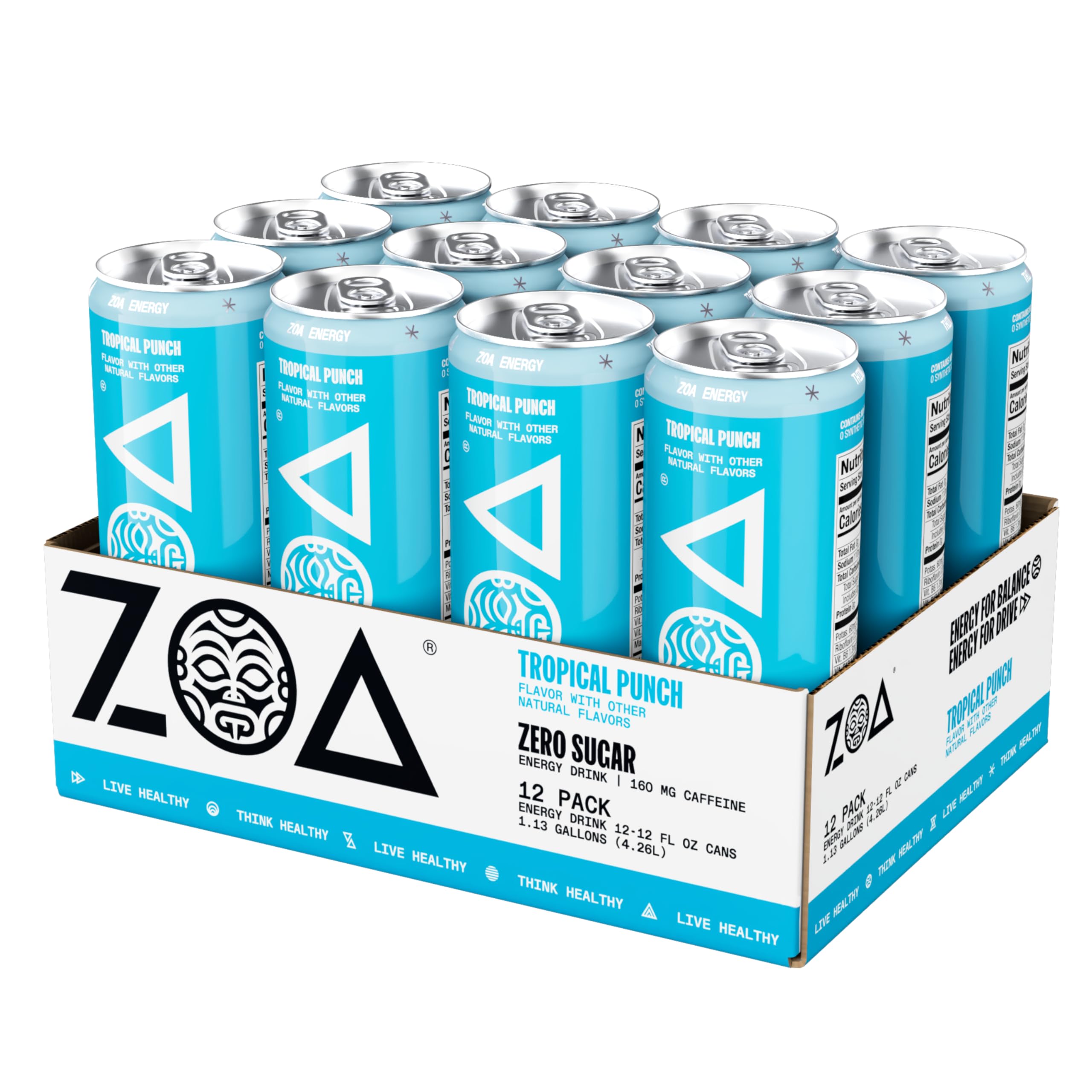 ZOA Tropical Punch multi-pack image emphasizes convenient 12-pack packaging