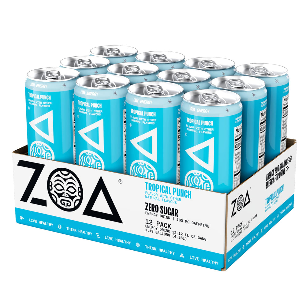 ZOA Tropical Punch multi-pack image emphasizes convenient 12-pack packaging