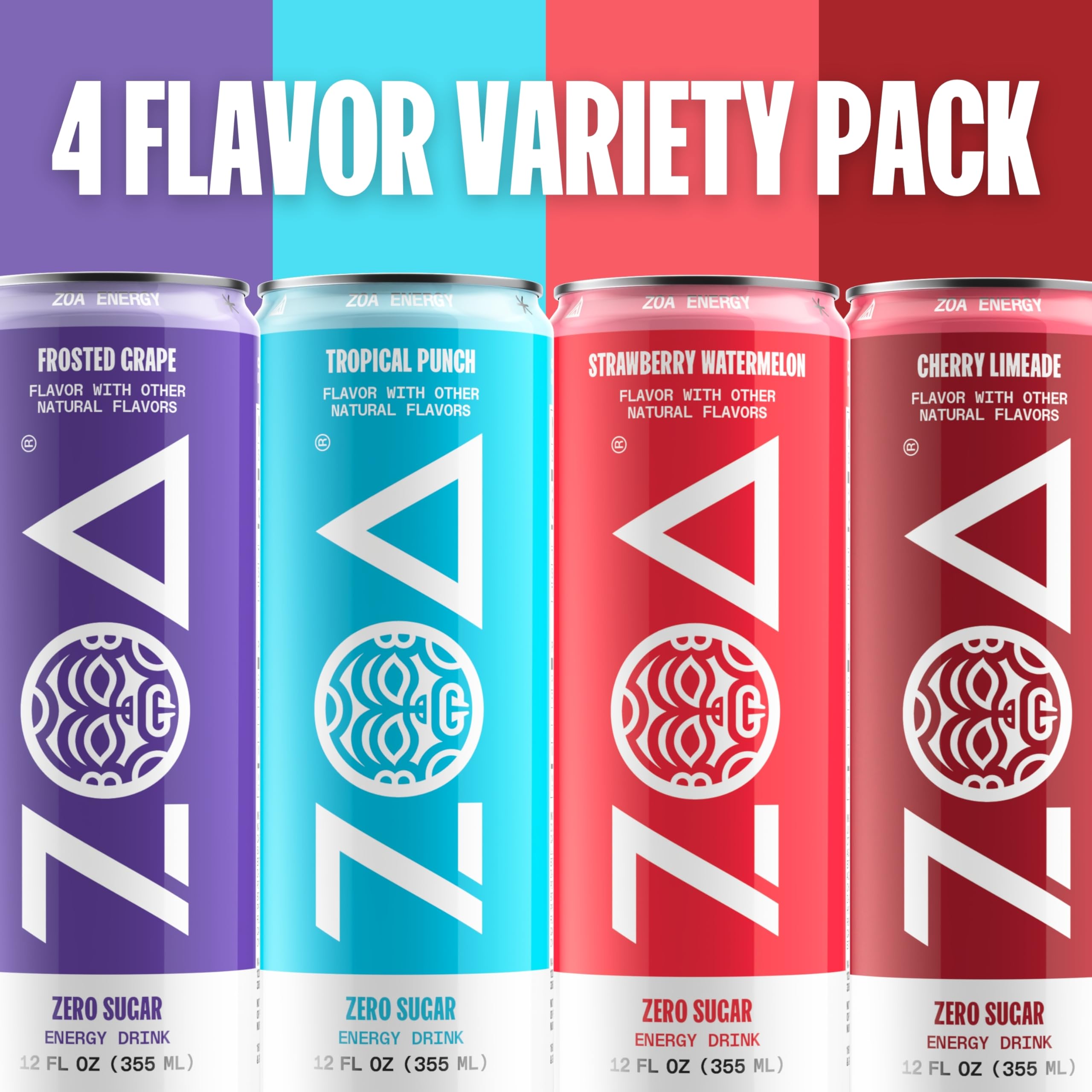ZOA variety-pack cans on shelf demonstrating convenient sugar-free energy for busy lifestyles