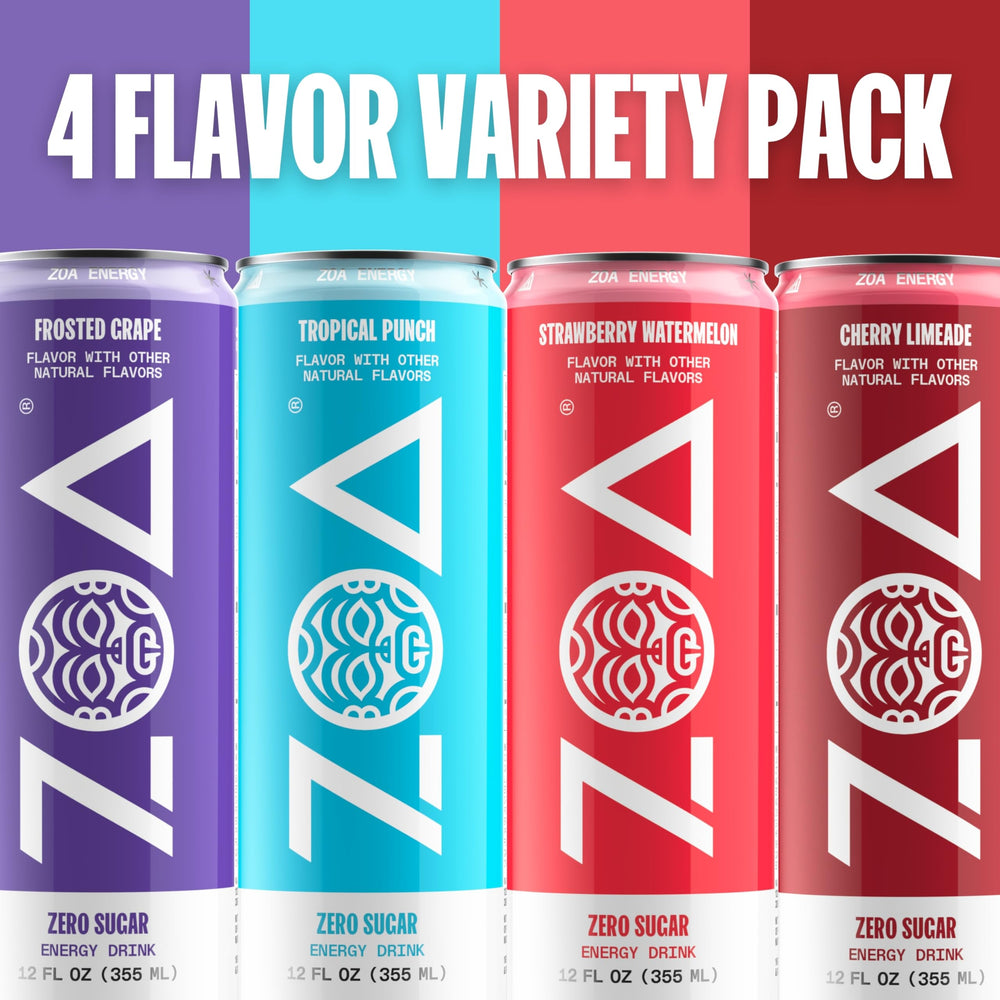 ZOA variety-pack cans on shelf demonstrating convenient sugar-free energy for busy lifestyles