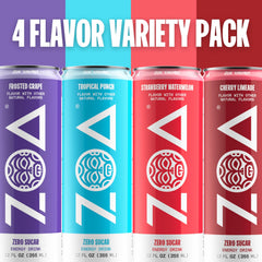 ZOA variety-pack cans on shelf demonstrating convenient sugar-free energy for busy lifestyles