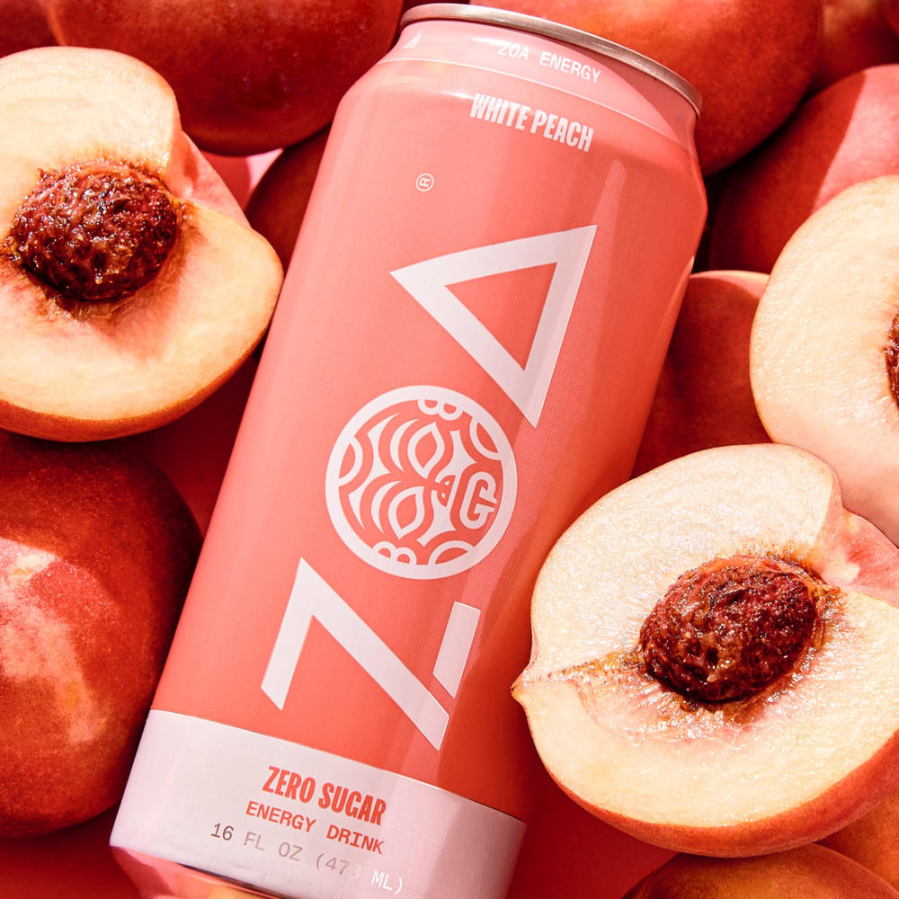 ZOA White Peach 12-pack box ready for on-the-go energy