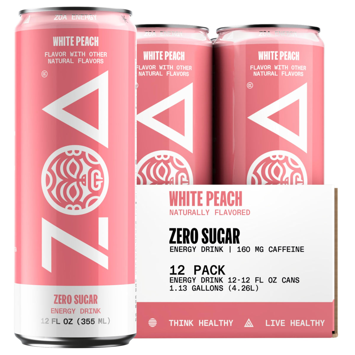 ZOA White Peach can front view highlighting sugar-free energy label
