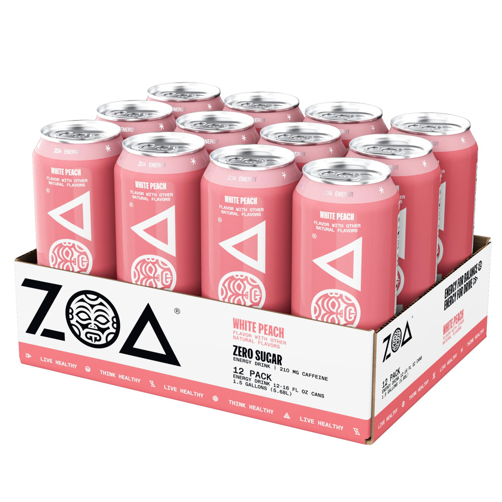 ZOA White Peach glass with ice conveys refreshing, keto-friendly energy