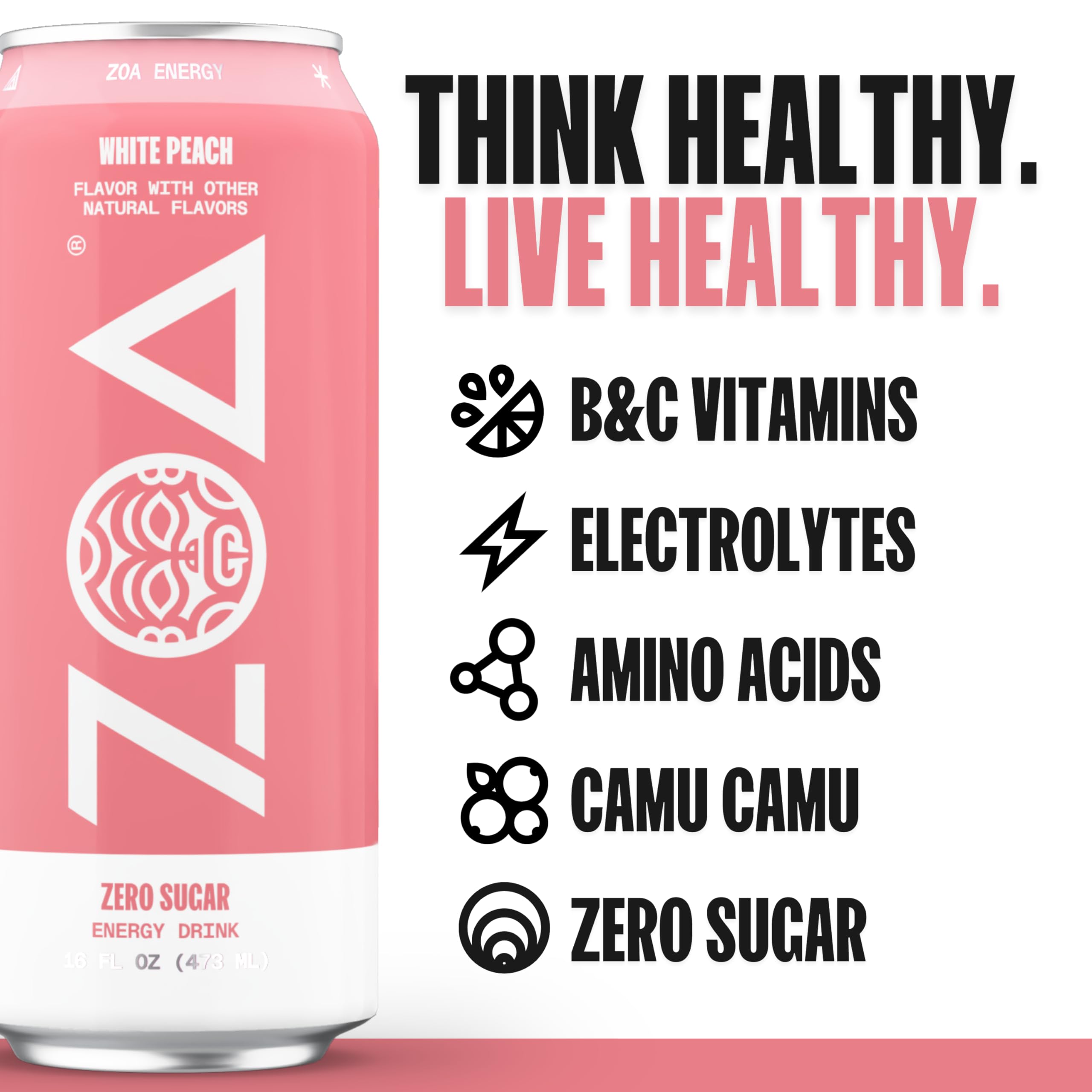ZOA White Peach label close-up highlighting natural caffeine and vitamins