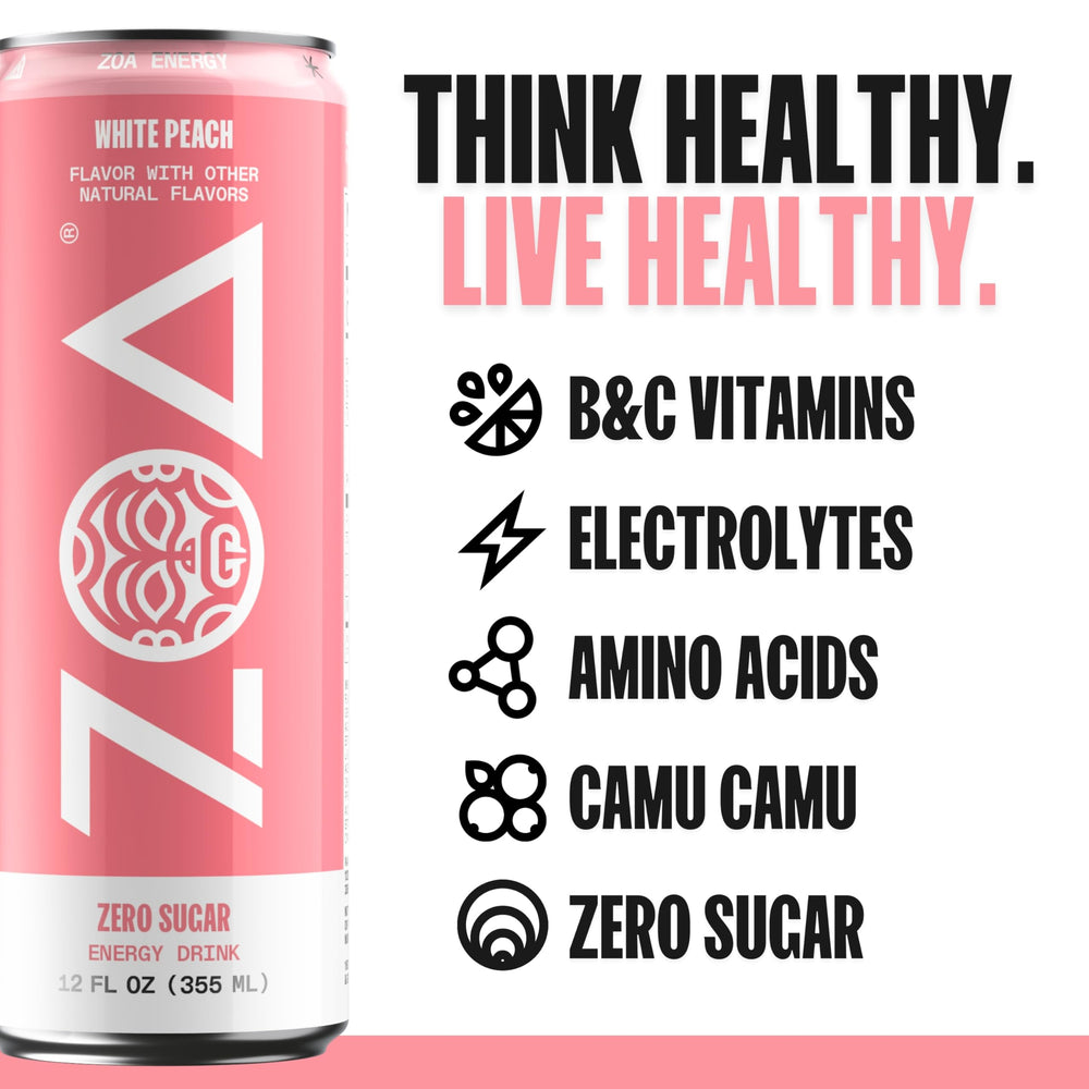 ZOA White Peach label close-up emphasizes natural caffeine source