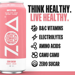 ZOA White Peach label close-up highlighting natural caffeine and vitamins