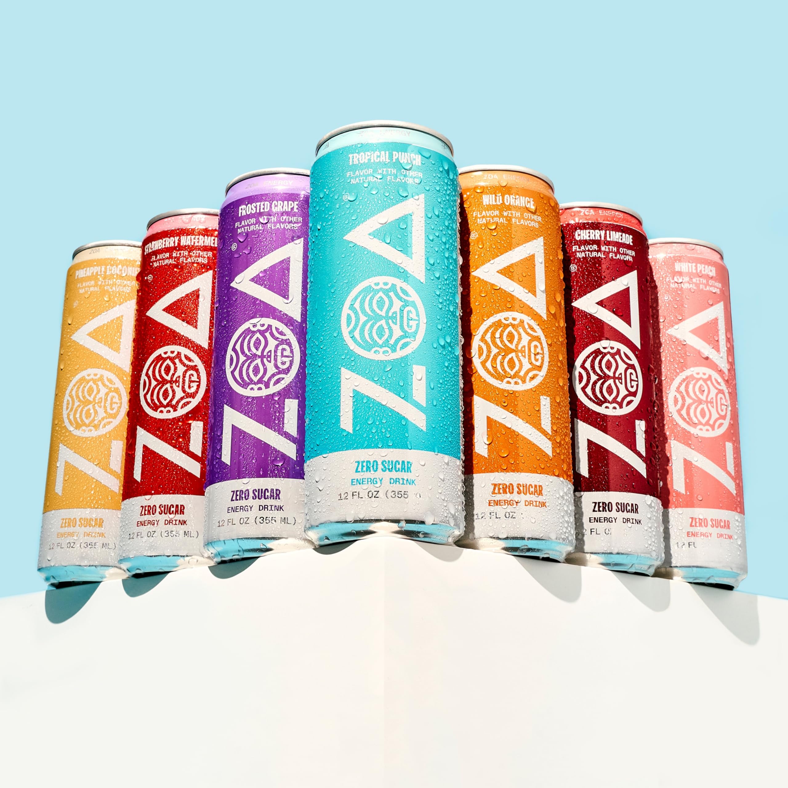 ZOA White Peach multi-pack display showcasing flavor variety and branding