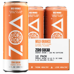 ZOA Wild Orange can front shows sugar-free energy with electrolytes for active days.