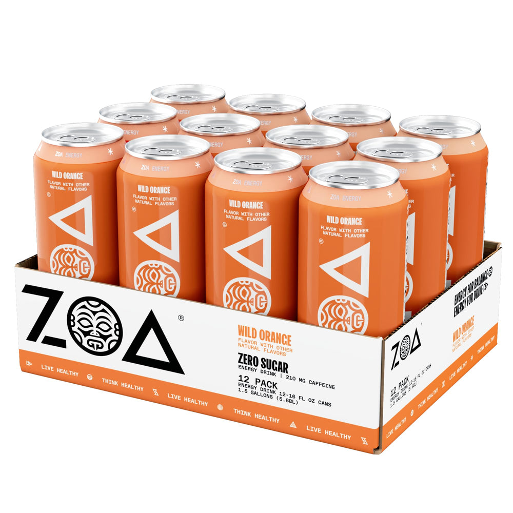 ZOA Wild Orange can being poured to illustrate refreshing energy.