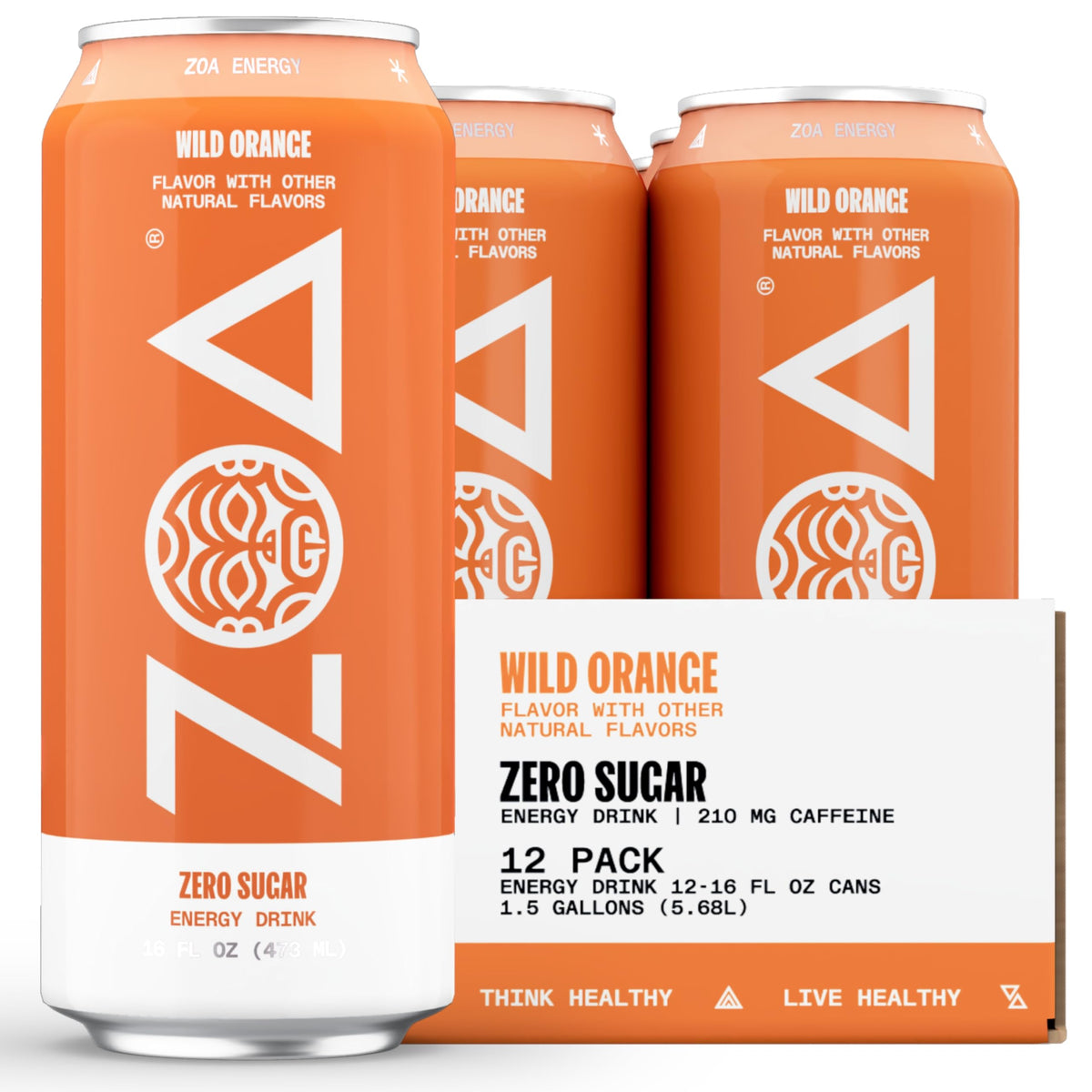 ZOA Wild Orange energy can front view highlighting zero sugar and bold flavor.