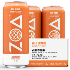 ZOA Wild Orange energy can front view highlighting zero sugar and bold flavor.