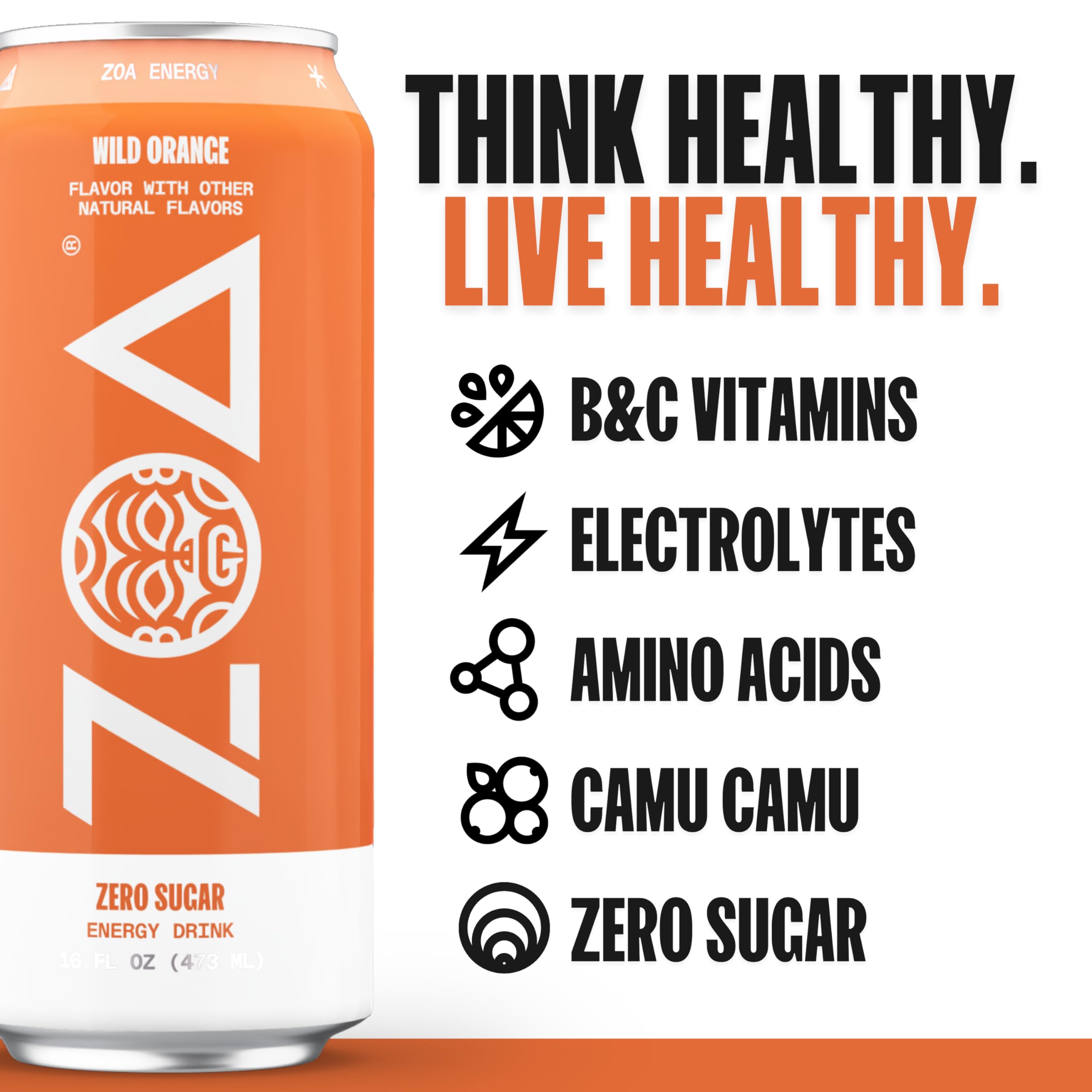 ZOA Wild Orange ingredient panel shows natural caffeine from green tea and green coffee.
