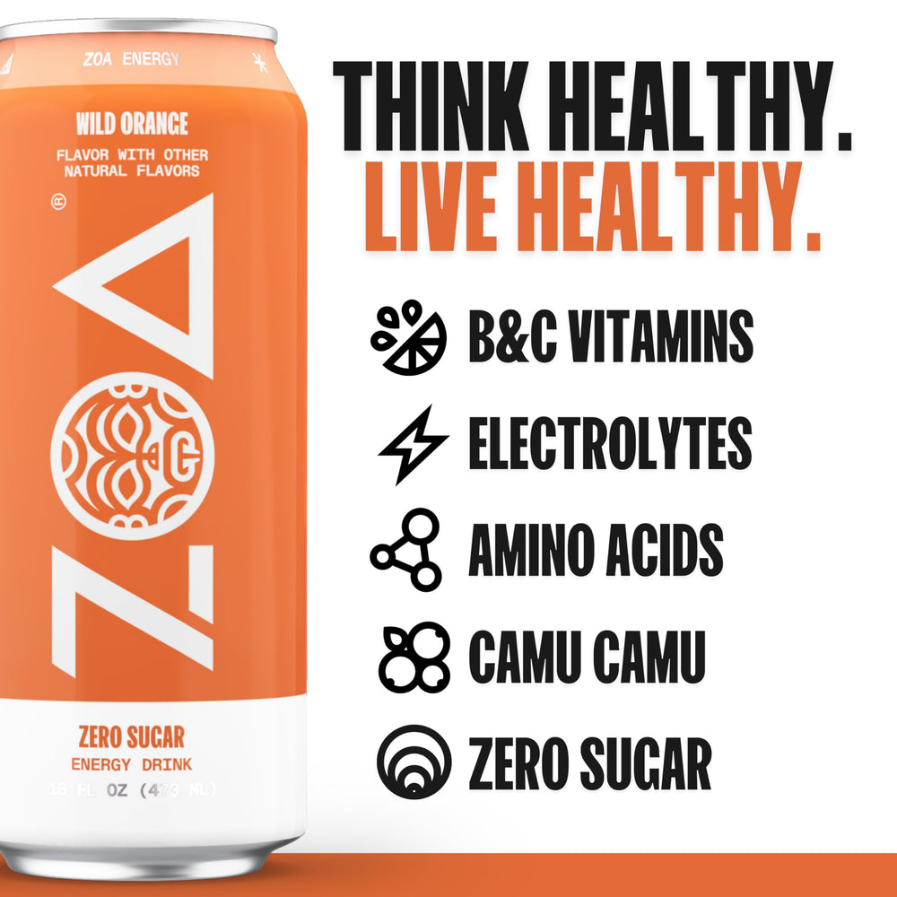 ZOA Wild Orange ingredient panel shows natural caffeine from green tea and green coffee.
