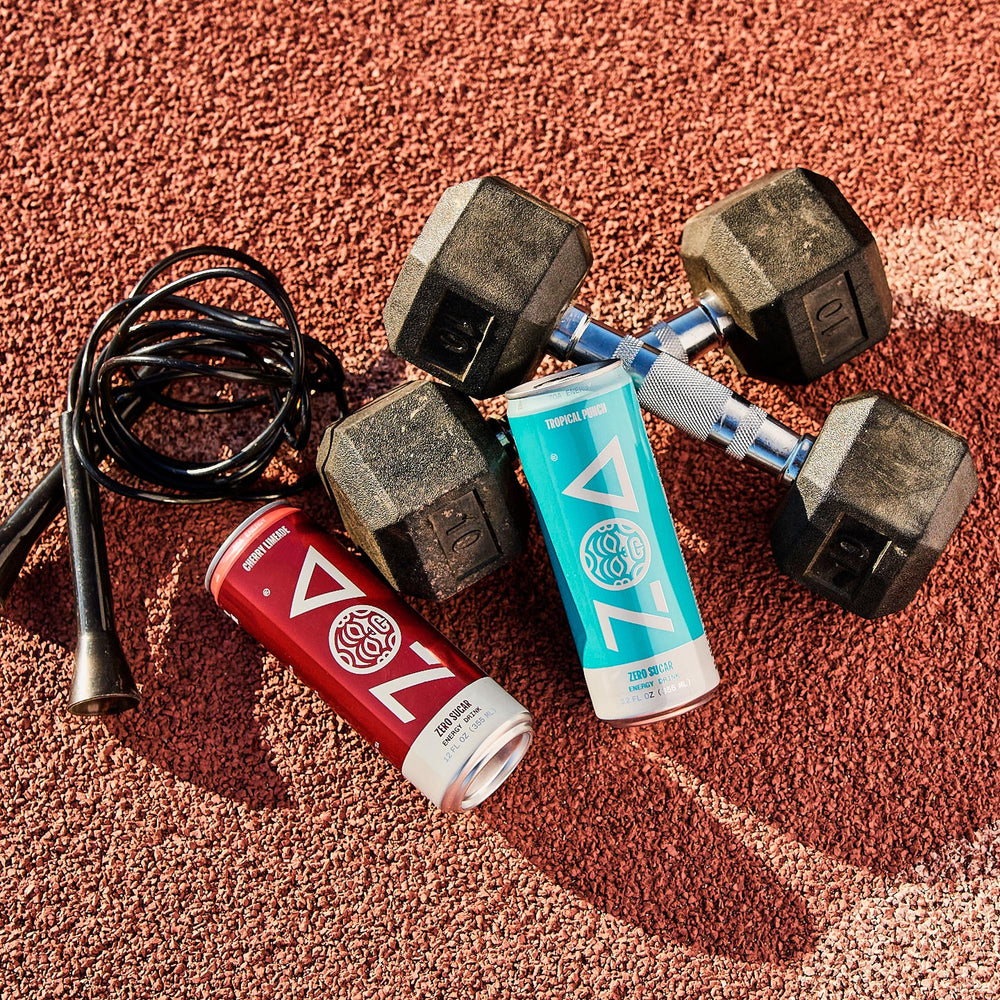 ZOA zero-sugar energy close-up labels reveal natural caffeine and vitamin details