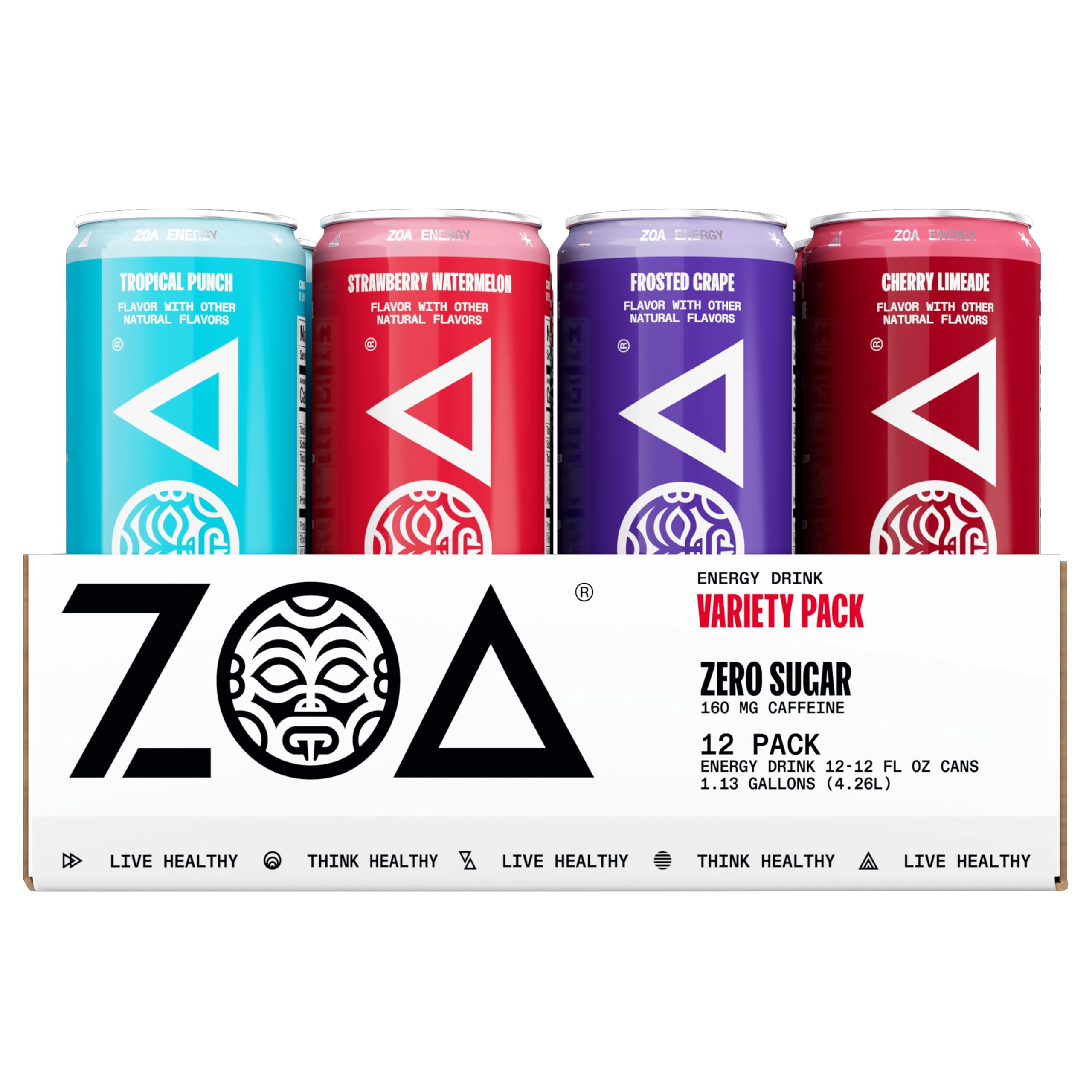 ZOA Zero Sugar energy pack shot with sugar-free cans for on-the-go refreshment
