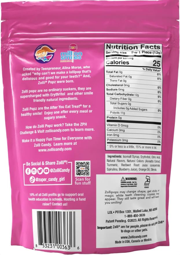 Zolli Ball Popz dye-free packaging highlights natural fruit flavors without artificial colors.