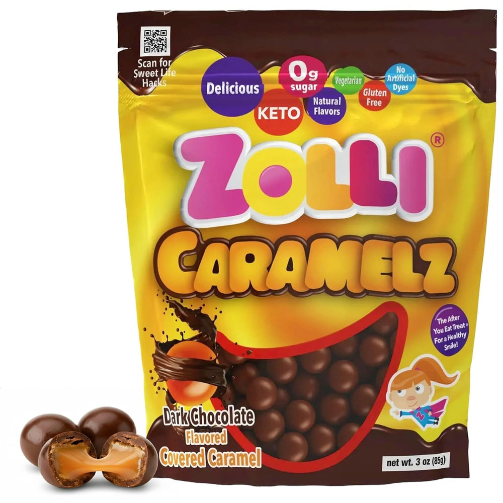 Zolli Caramelz dark chocolate candy close-up showing a silky melt-in-your-mouth texture.