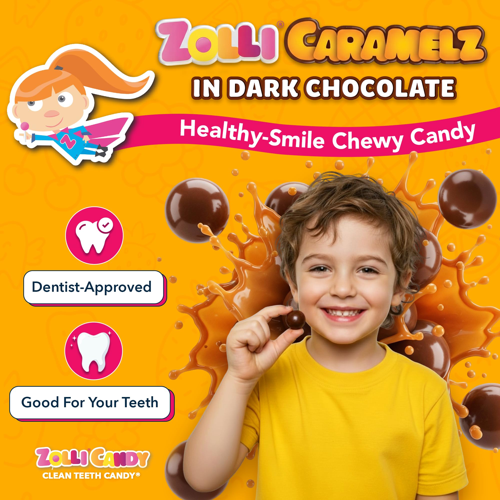 Zolli Caramelz dentist-approved treat scene emphasizes teeth-friendly indulgence.