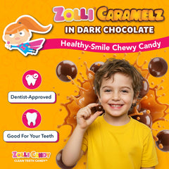 Zolli Caramelz dentist-approved treat scene emphasizes teeth-friendly indulgence.