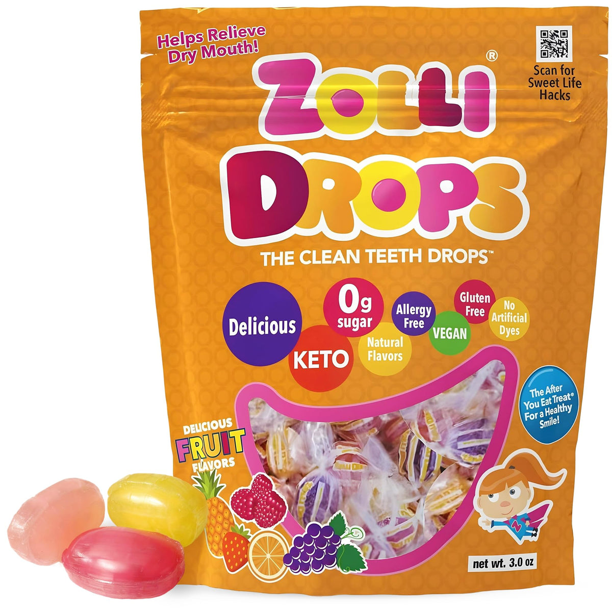 Zolli Drops fruit flavor pack front, sugar-free and dentist-approved after-meal treat