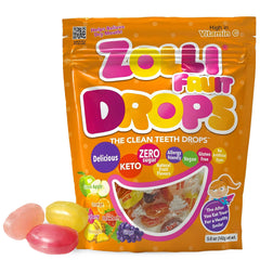 Zolli Drops fruit flavor packaging showcasing dye-free, sugar-free candy for healthier smiles.