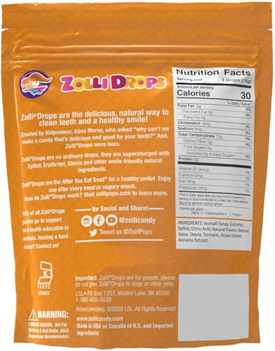 Zolli Drops natural fruit flavors highlighting dye-free, gluten-free treats for kids.