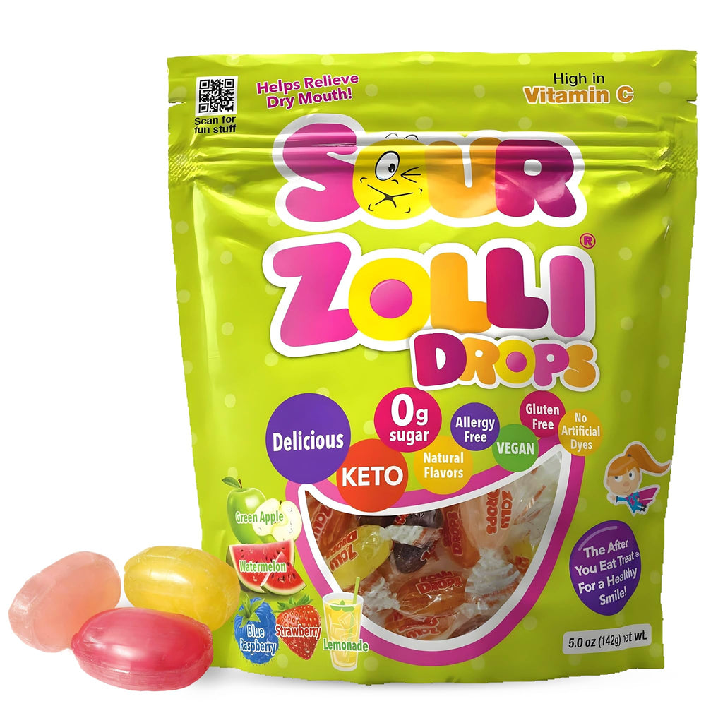 Zolli Drops Sour Drops bag showing natural fruit flavors, a dentist-approved sugar-free snack.