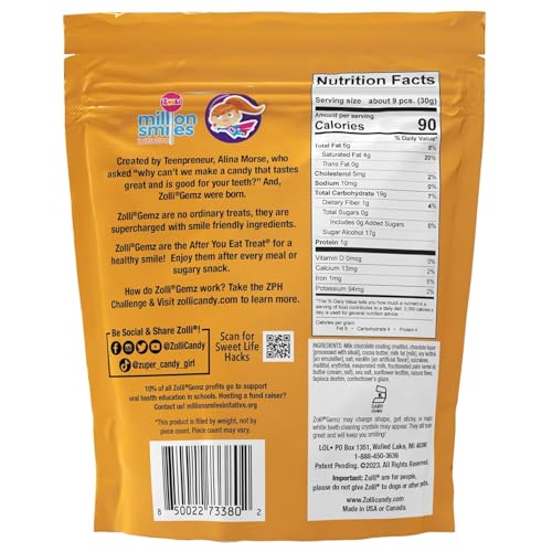 Zolli Gemz Caramel Milk Chocolate pack highlighting post-meal, sugar-free treat gentle on teeth and breath.