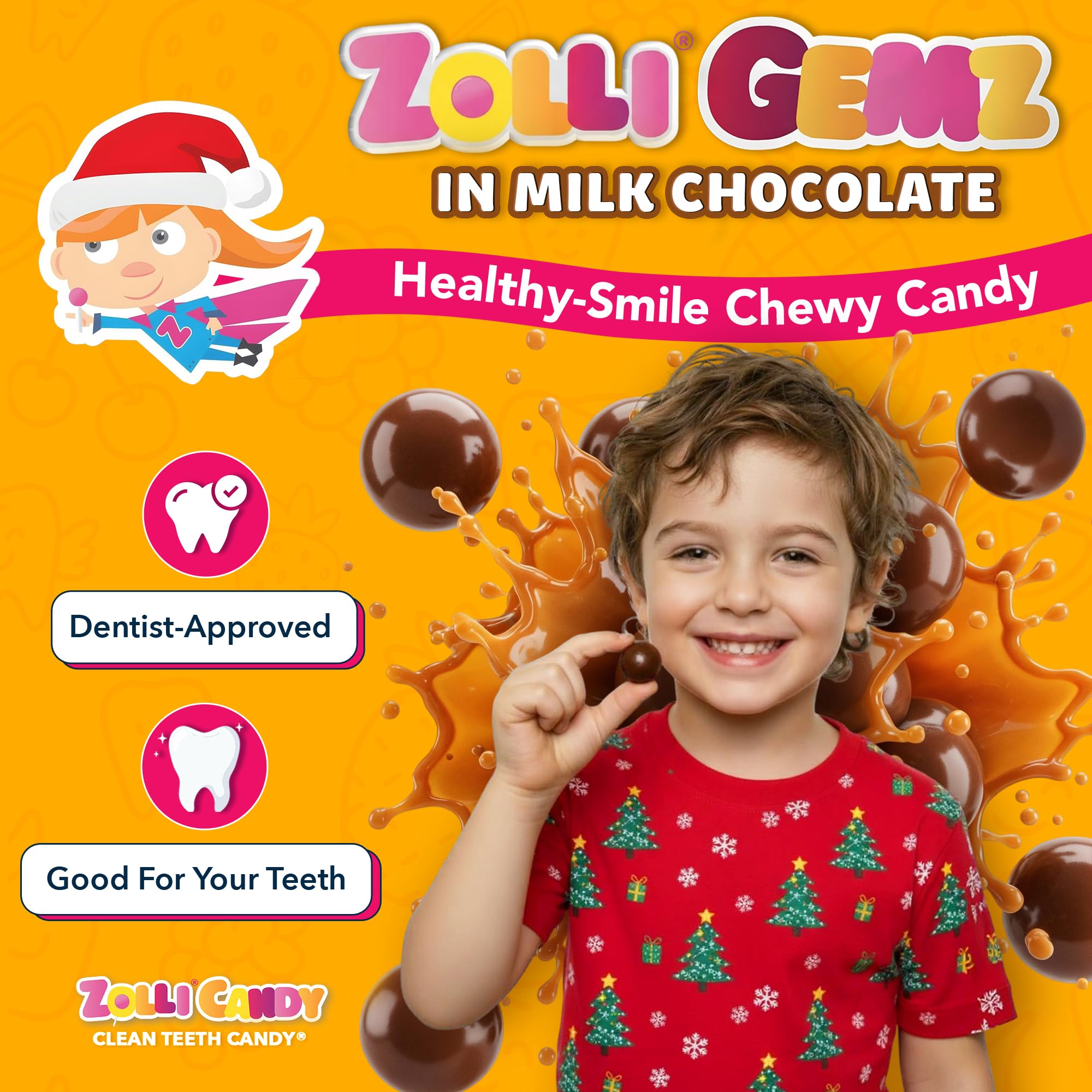 Zolli Gemz Sugar-Free Caramels showcased as clean-teeth, dentist-approved treats for everyday snacking.