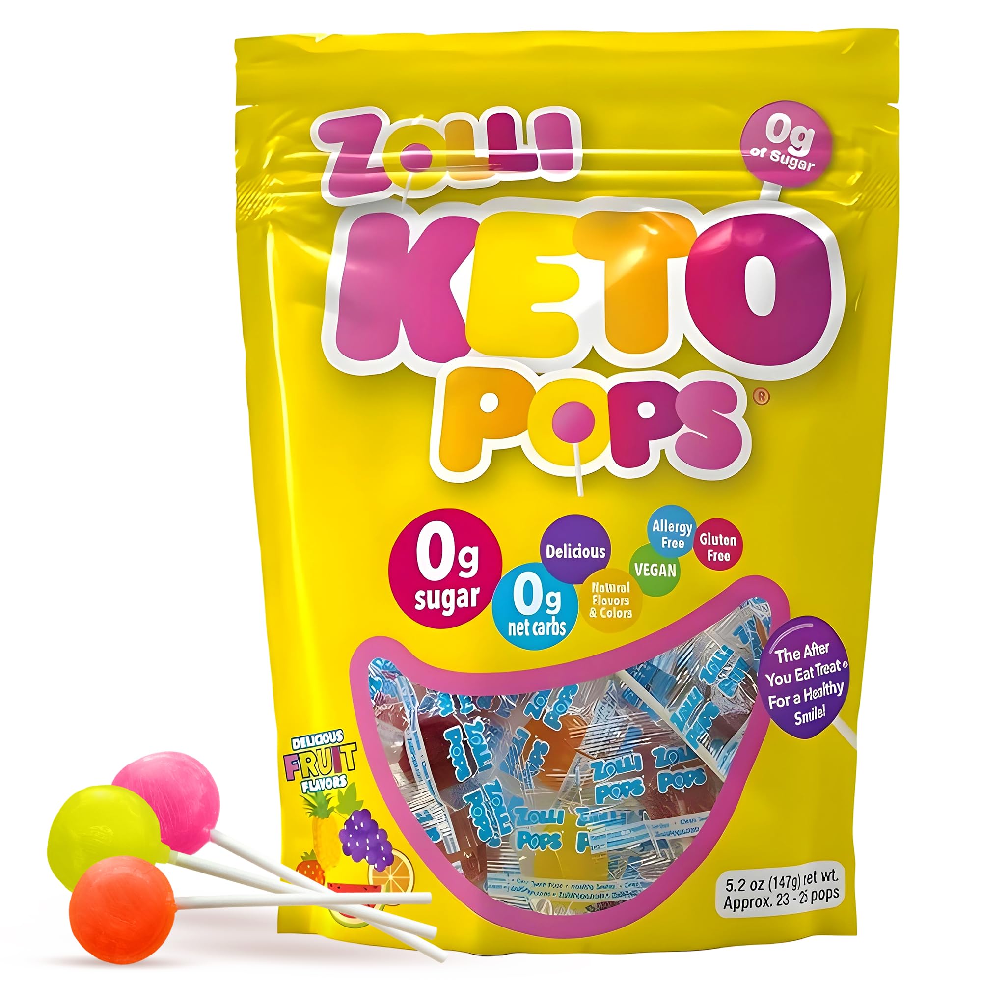 Zolli Keto Pops resealable bag front, keto-friendly sugar-free candy.