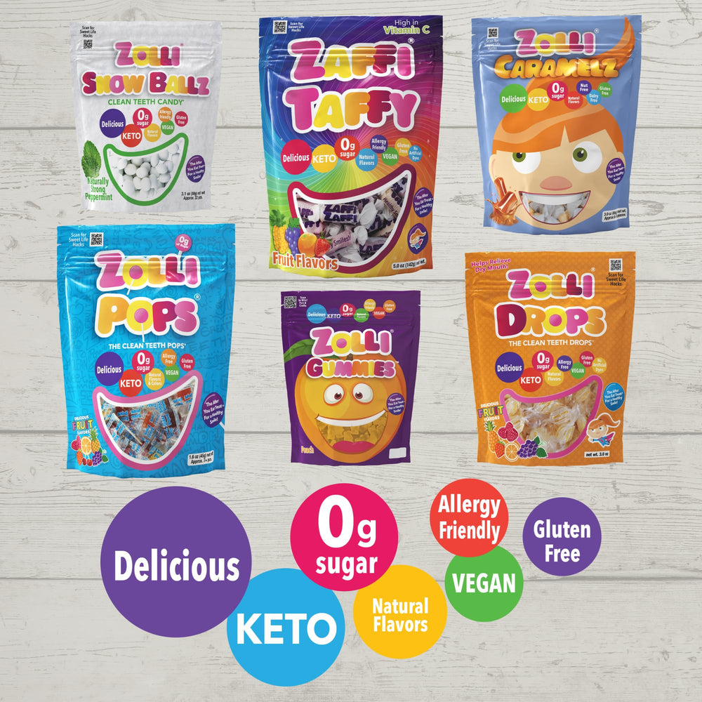 Zolli Snow Ballz allergen-free candy highlights gluten-free, dairy-free, nut-free notes