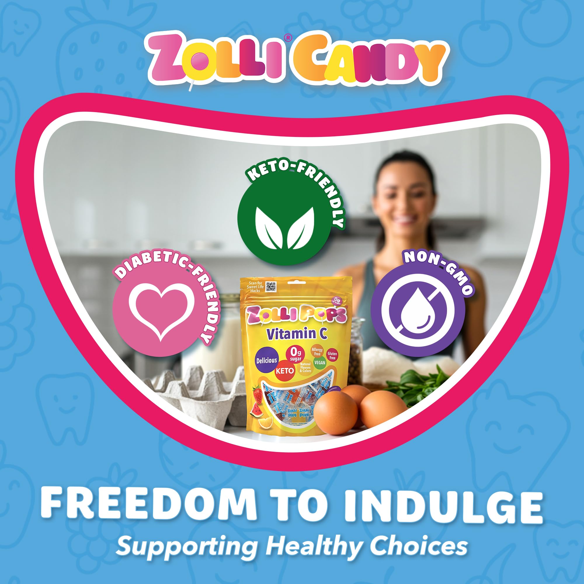Allergen-friendly Zollipops, gluten-free, dairy-free, nut-free packaging on display.