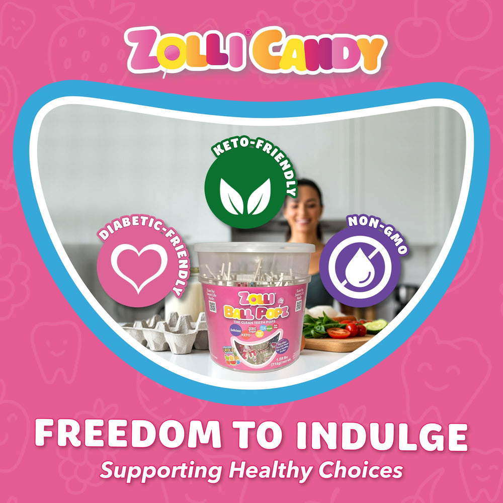 Zolli Ball Popz packaging notes gluten-free, dairy-free, nut-free attributes.