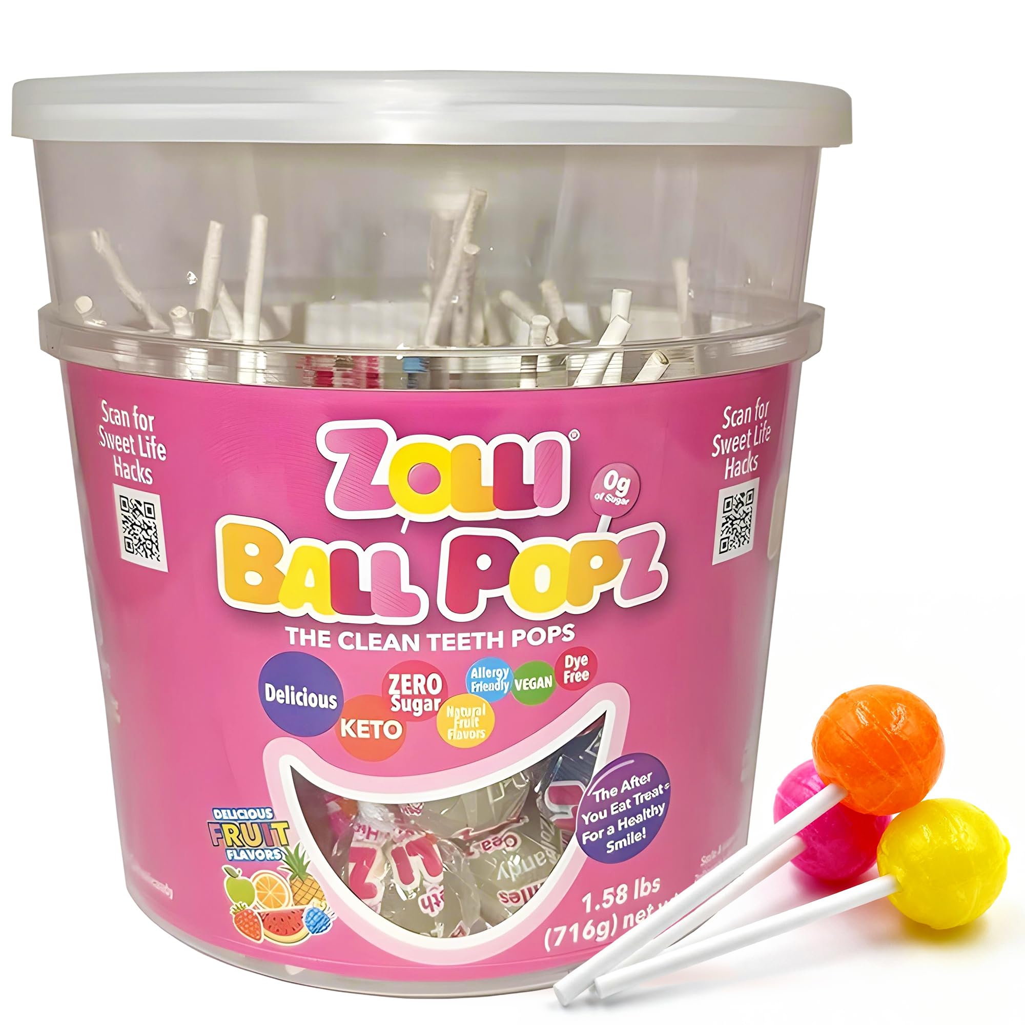 Zolli Ball Popz front pack showing dye-free sugar-free fruit flavors for kids.