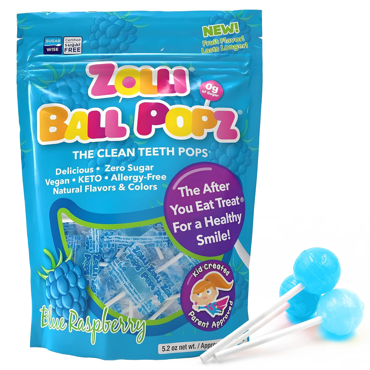 Zollipops blue raspberry pop, a sugar-free treat for healthy smiles.