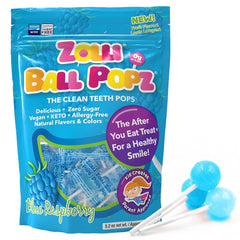 Zollipops blue raspberry pop, a sugar-free treat for healthy smiles.