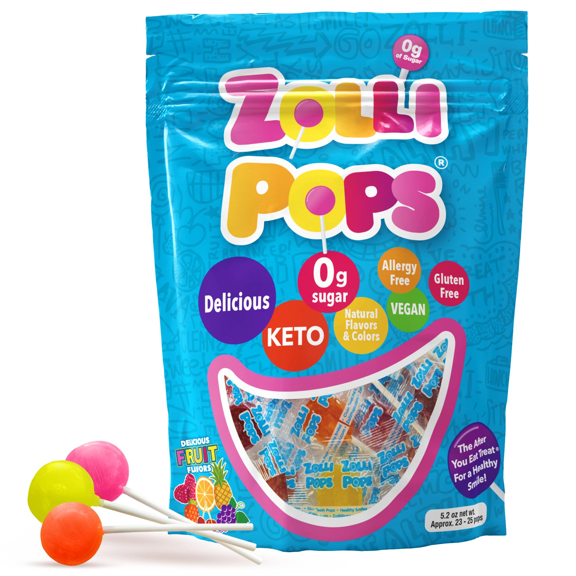 Zollipops clean teeth lollipops on packaging promote a sugar-free, cavity-conscious treat.