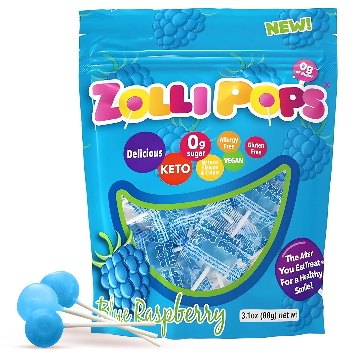 Zollipops blue raspberry bag shows sugar-free, dentist-approved clean teeth pops for post-meal use.