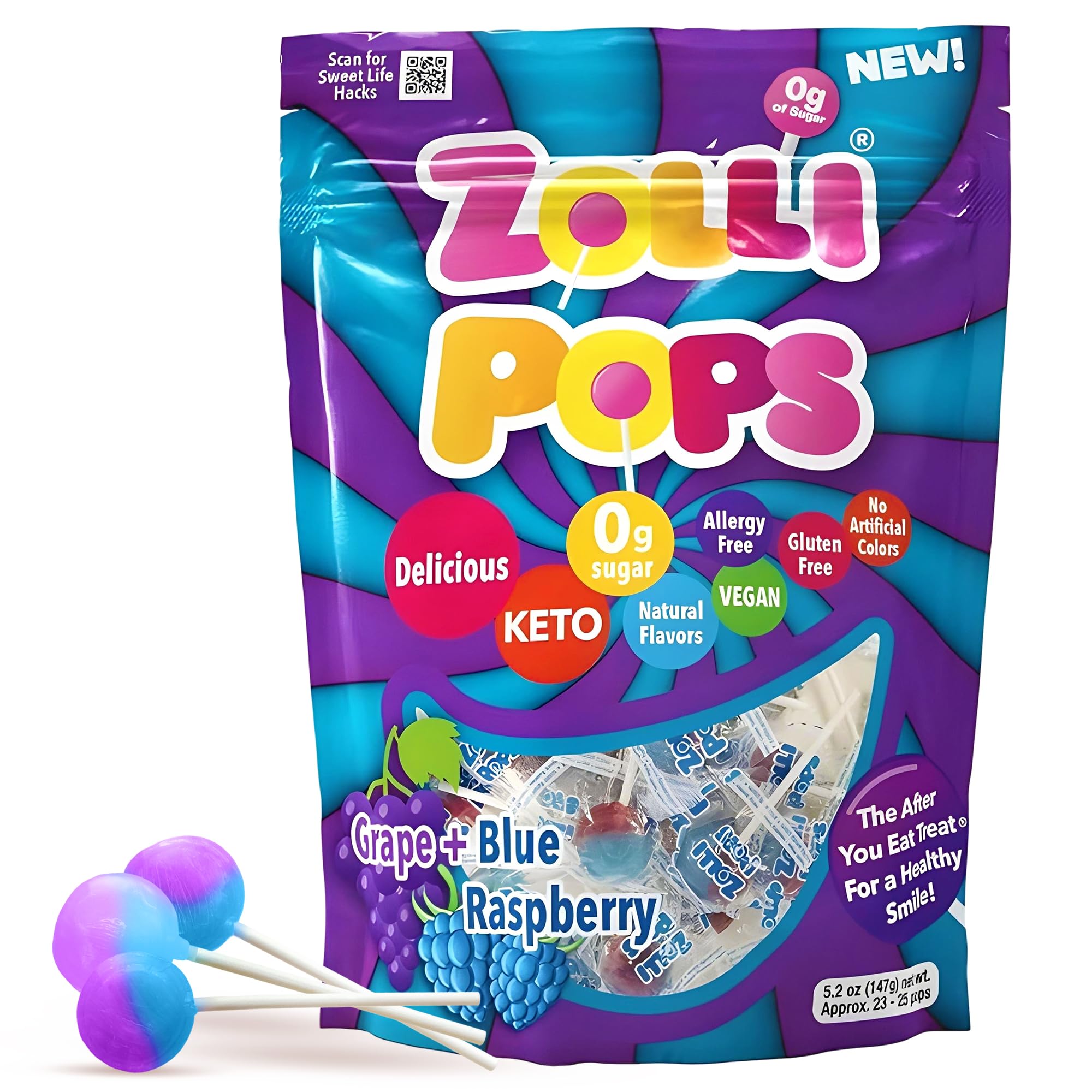 Zollipops blue raspberry grape pack, dentist-approved clean teeth pops for a fresh smile.