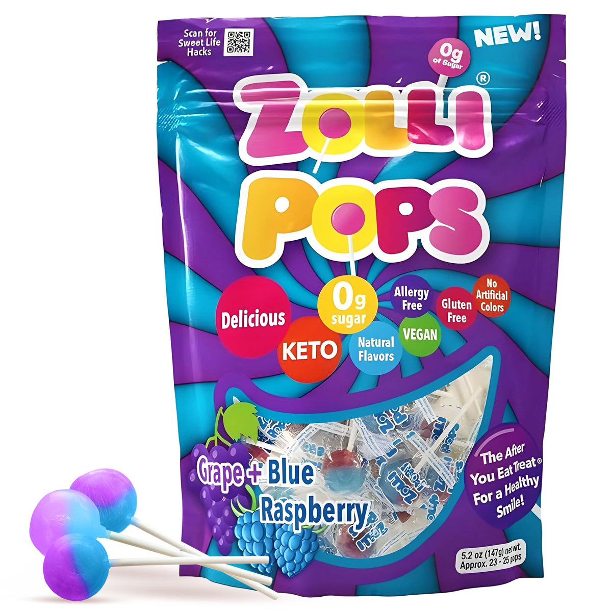 Zollipops blue raspberry grape pack, dentist-approved clean teeth pops for a fresh smile.
