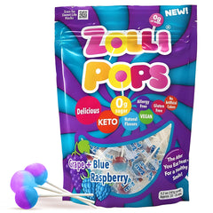 Zollipops blue raspberry grape pack, dentist-approved clean teeth pops for a fresh smile.