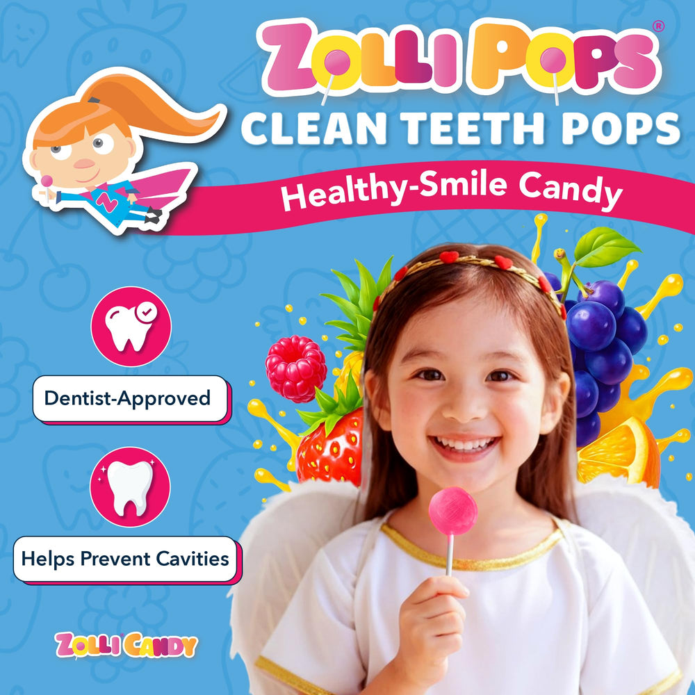 Zollipops Clean Teeth Pops closeup highlights bite-sized pops with xylitol and natural fruit taste.