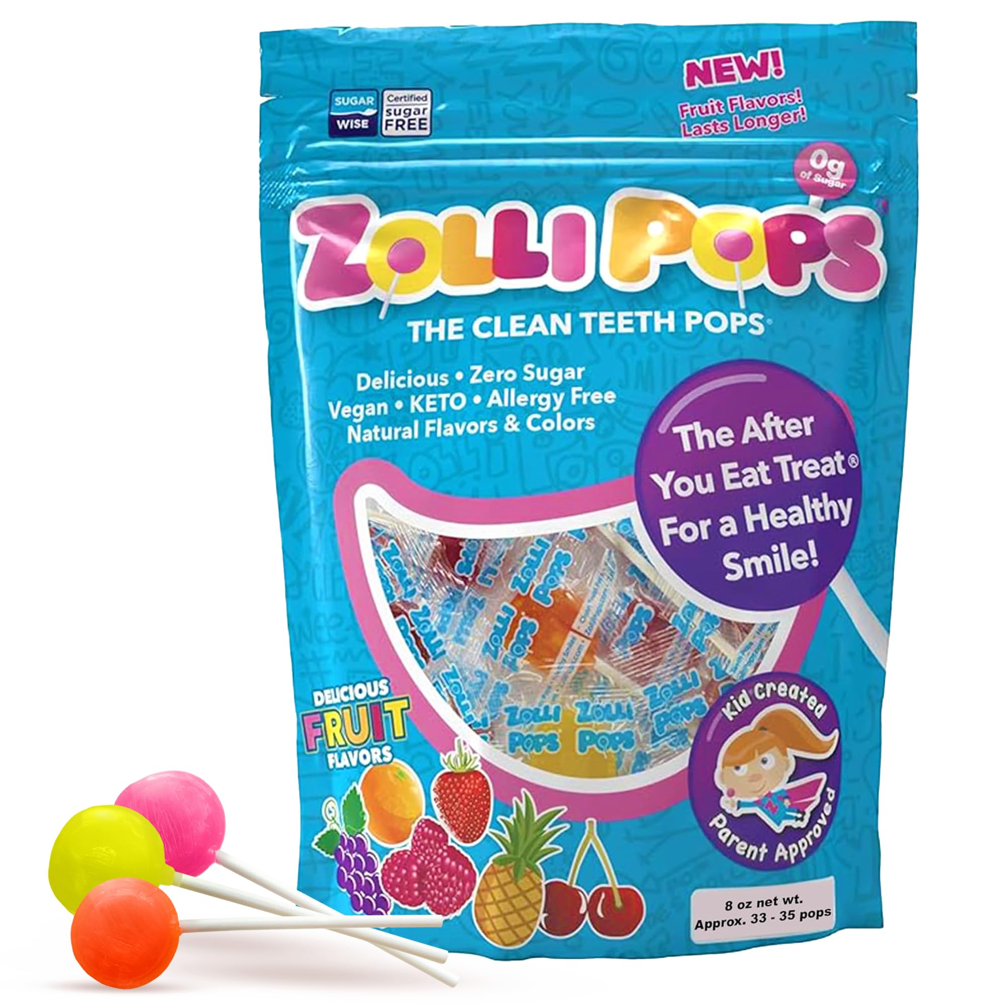 Zollipops Clean Teeth Pops packaging with fruit flavors and a dye-free formula.
