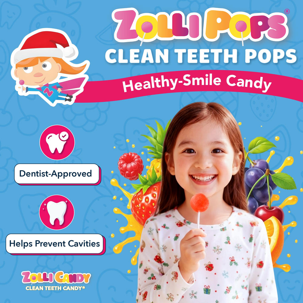Zollipops Clean Teeth Pops packaging detail emphasizes dentist-approved, sugar-free lollipops.