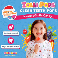 Zollipops Clean Teeth Pops packaging detail emphasizes dentist-approved, sugar-free lollipops.