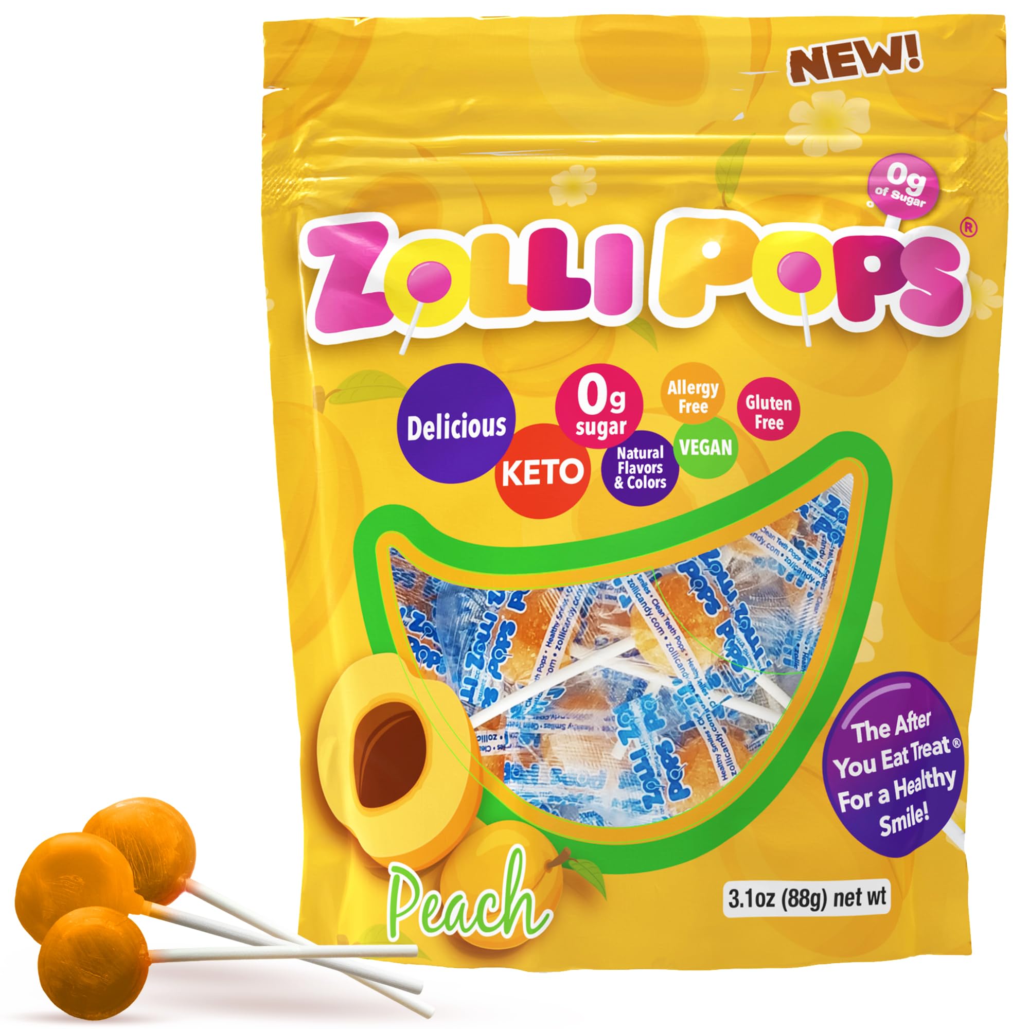 Zollipops Clean Teeth Pops Peach, individually wrapped for on-the-go, sugar-free snacking.