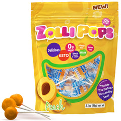 Zollipops Clean Teeth Pops Peach, individually wrapped for on-the-go, sugar-free snacking.