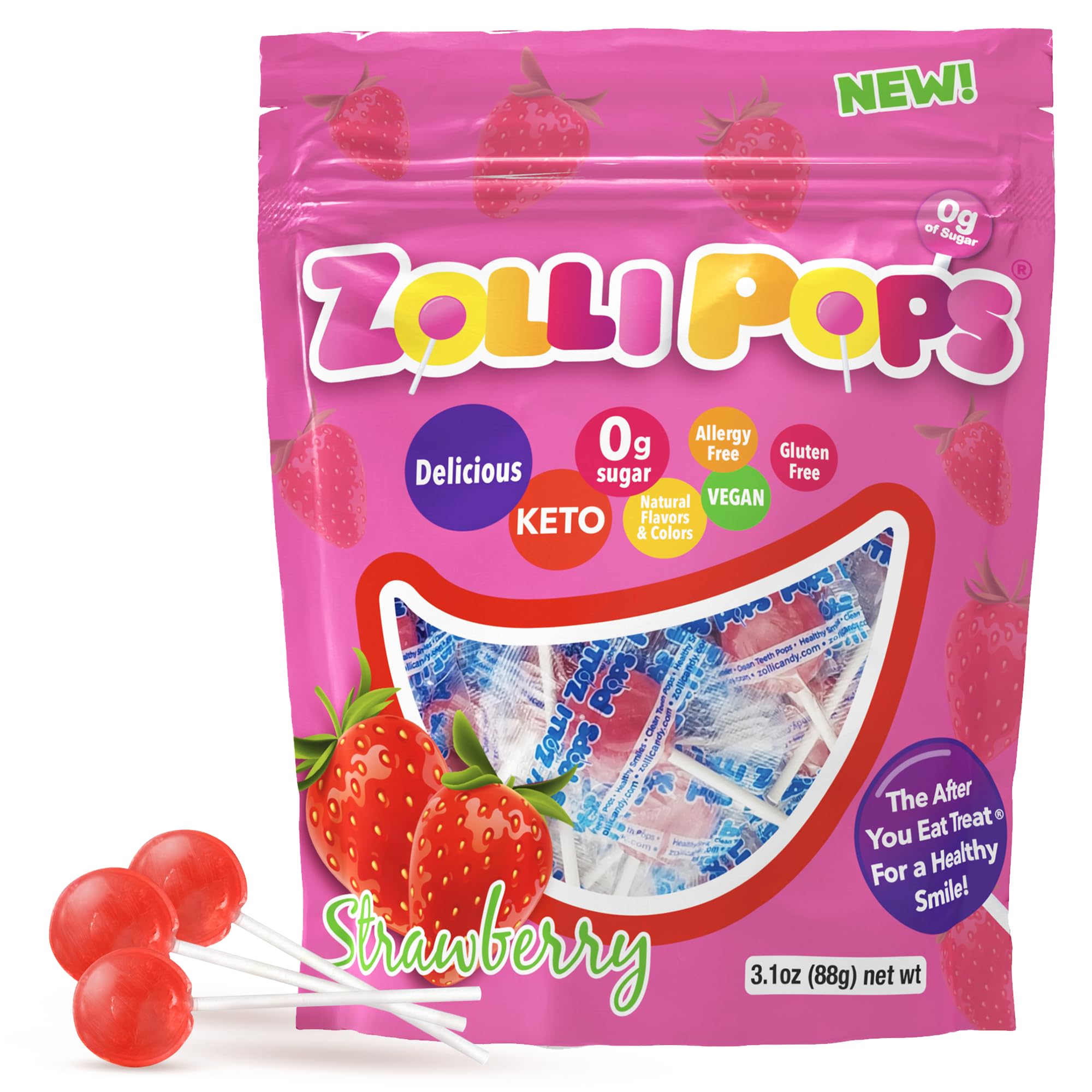 Zollipops Clean Teeth Pops strawberry packaging, ideal for on-the-go dental-friendly treats.