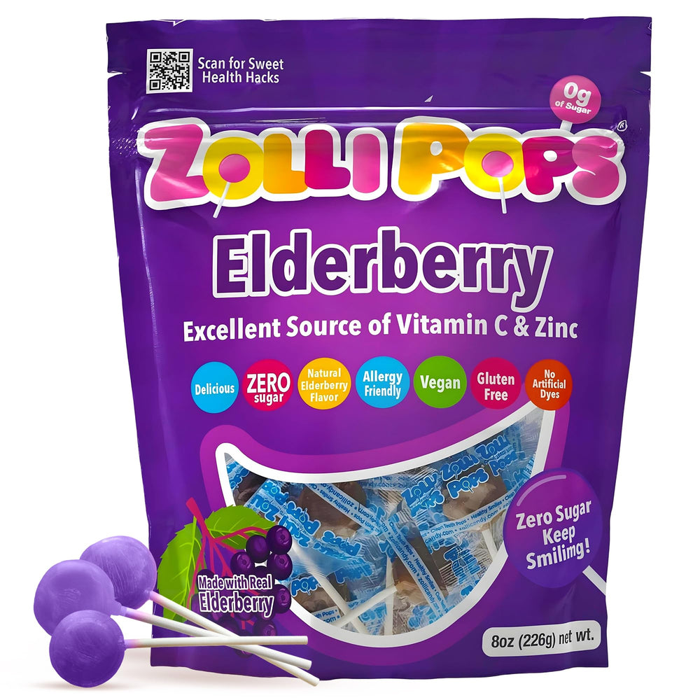 Zollipops Elderberry lollipops packaging showing dye-free, sugar-free treats for healthy smiles.